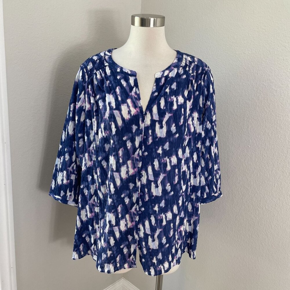 NEW Rose + Olive Womens Plus 1X Navy White Blouse Tunic Top‎ 3/4 Sleeve